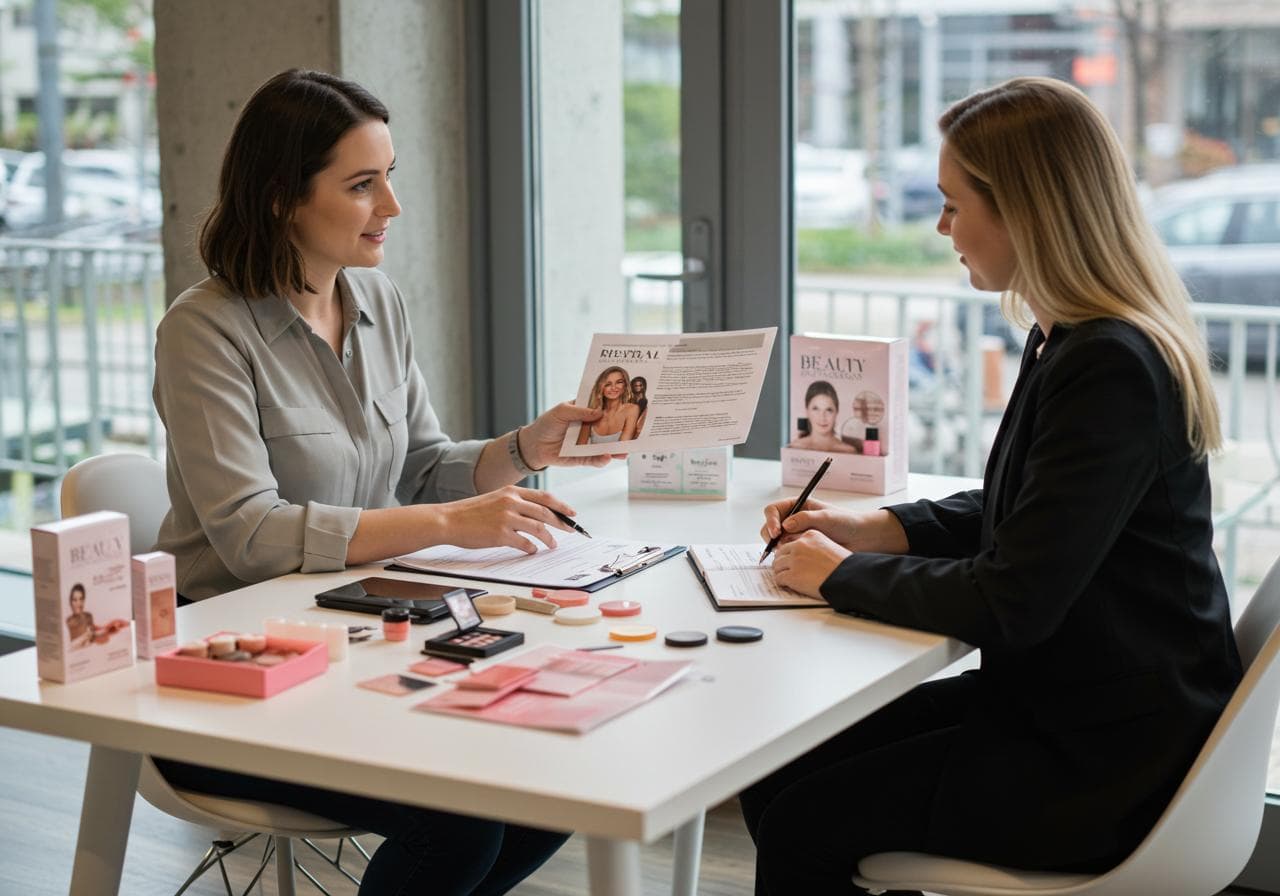 Brand specialists reviewing beauty packaging and launch materials