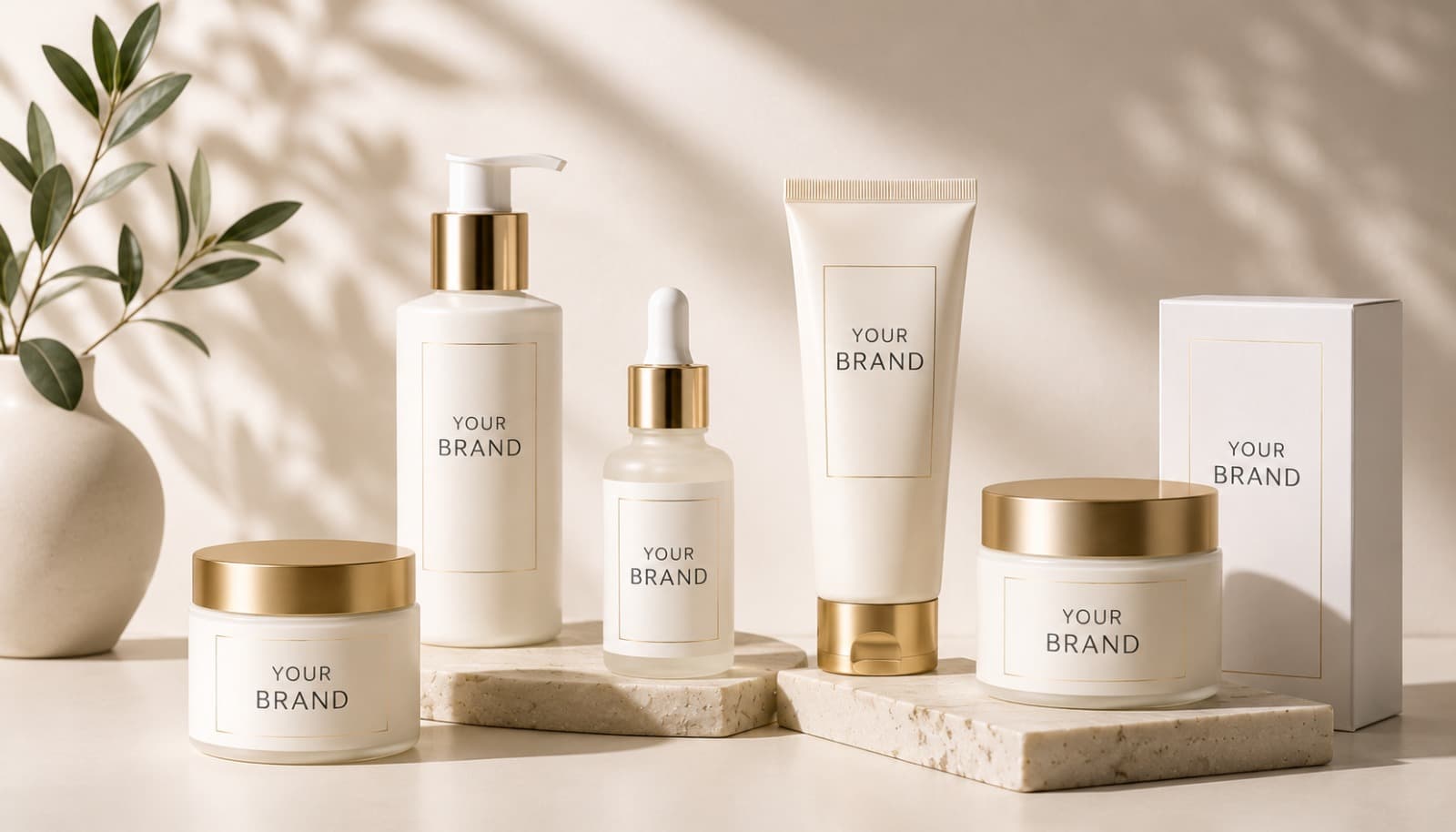 Private-label skincare collection in neutral packaging with gold details