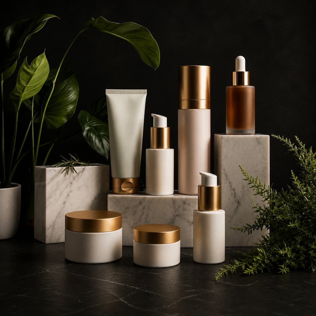 Private-label skincare bottles arranged with marble blocks and green foliage