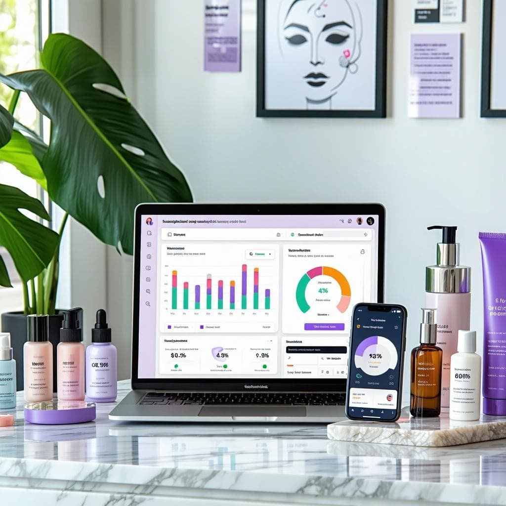 Private-label skincare products presented beside brand performance dashboards